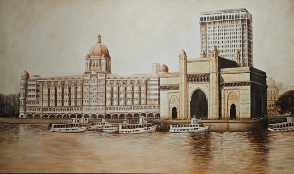 Mumbai Iconic Waterfront – Gateway Of India & Taj Mahal Palace Painting (ART-6730-119329) - Handpainted Art Painting - 60in X 36in