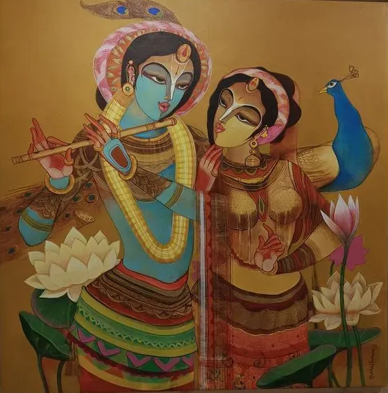 Abstract Painting Of Radha Krishna (ART-17950-119332) - Handpainted Art Painting - 24in X 8in