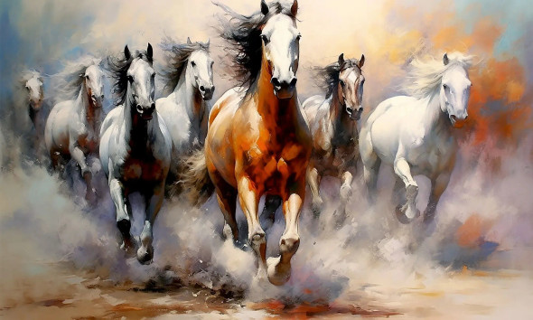 7 Running Horses Vastu Wall Art Rolled Print For Living Room | Without Frame (PRT-16121-119327) - Canvas Art Print - 48in X 29in