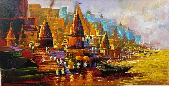 Banaras Ghat Painting | Original Handmade Banaras Cityscape Wall Art (ART-16885-119350) - Handpainted Art Painting - 48in X 24in