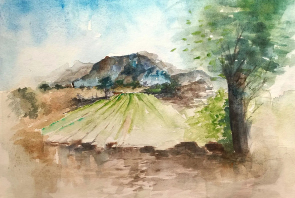Mountain Embrace (ART-16146-119338) - Handpainted Art Painting - 15in X 11in