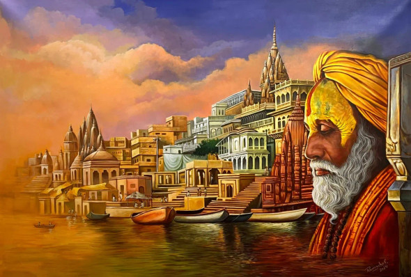 Banaras With Sadhu (ART-1522-119373) - Handpainted Art Painting - 48in X 36in