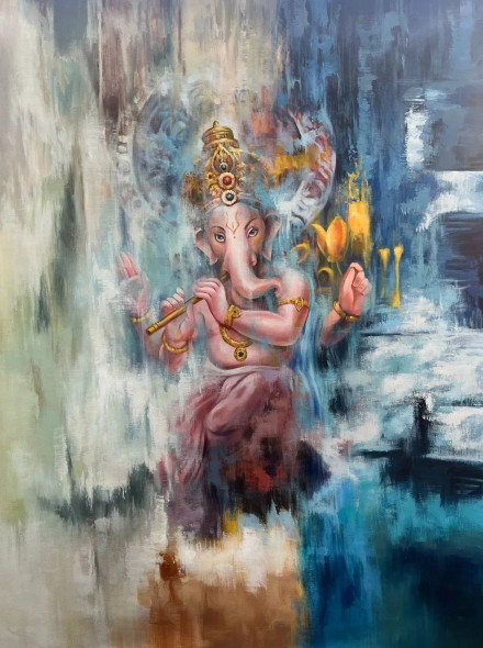 Gajanand (ART-1522-119380) - Handpainted Art Painting - 48in X 72in