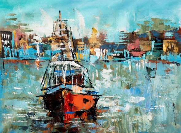 Abstract City Boat Painting | Original Handmade Contemporary Wall Art (ART-16885-119437) - Handpainted Art Painting - 48in X 36in