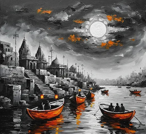Banaras Ghat Painting (ART-3319-119457) - Handpainted Art Painting - 24in X 24in