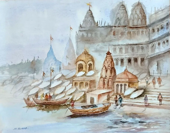 Banaras Ghat (ART-8904-119480) - Handpainted Art Painting - 14in X 11in