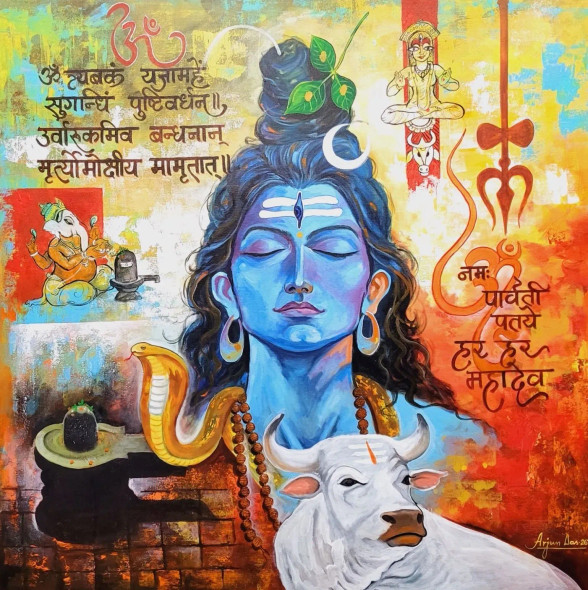MEDITATION OF SHIVA (ART-82-119434) - Handpainted Art Painting - 48in X 48in