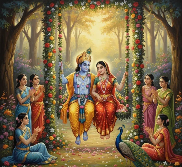 Radha Krishna On Swing Painting – Divine Vrindavan Love Wall Art Canvas (ART-3319-119514) - Handpainted Art Painting - 48in X 48in