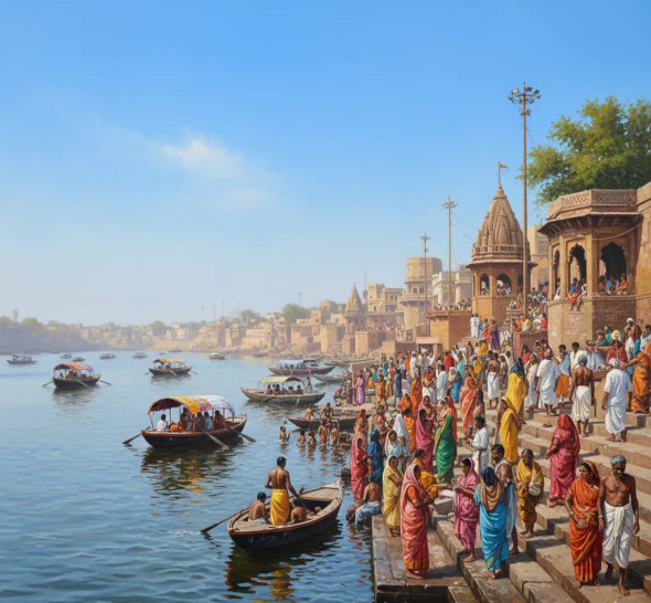 Varanasi Ghat Painting (ART-3319-119475) - Handpainted Art Painting - 36in X 30in