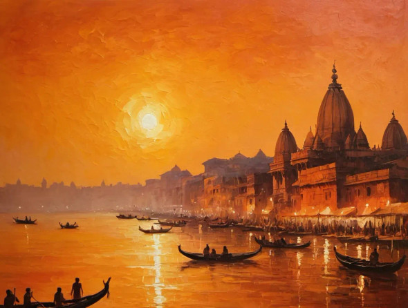 Banaras Ghat Painting (ART-3319-119442) - Handpainted Art Painting - 36in X 30in