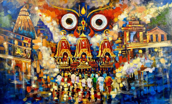 Lord Jagannath Rath Yatra Painting | Original Handmade Contemporary Spiritual Art (ART-16885-119525) - Handpainted Art Painting - 60in X 36in