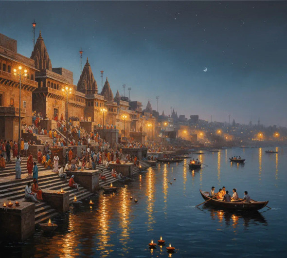 Banaras Ghat Painting (ART-3319-119473) - Handpainted Art Painting - 36in X 36in