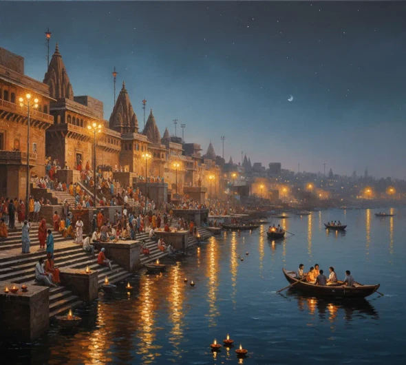 Banaras Ghat Painting (ART-3319-119473) - Handpainted Art Painting - 36in X 36in