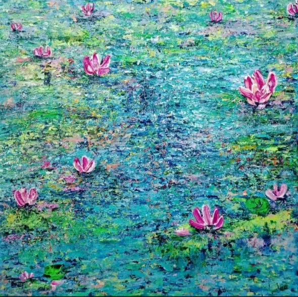 Water Lilies In Tranquil Waters Textured Acrylic Painting (ART-8034-119438) - Handpainted Art Painting - 15in X 15in