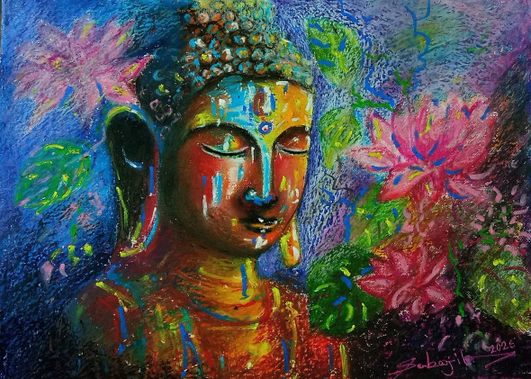 Buddha In Lotus Garden (PRT-17209-119531) - Canvas Art Print - 30in X 21in