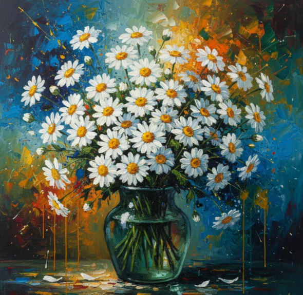 Textured Daisy Palette Knife Art (ART-3319-119568) - Handpainted Art Painting - 24in X 24in