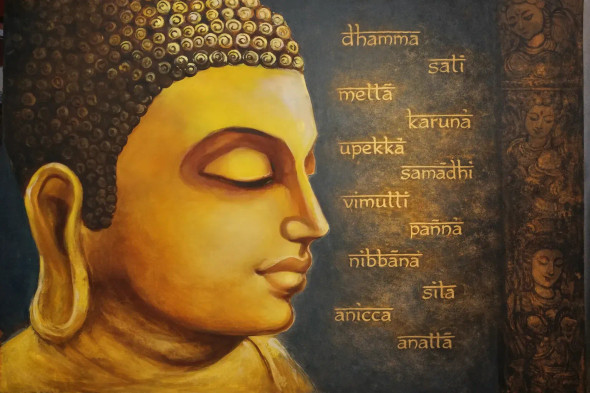 Whispers Of Dhamma-Stillness Beyond Words (ART-7612-119540) - Handpainted Art Painting - 32in X 30in