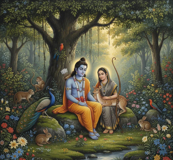 "Lord Ram And Sita Forest Exile Painting (ART-3319-119575) - Handpainted Art Painting - 36in X 30in