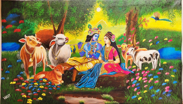 Radhe Krishna In Vrindavan (ART-8606-119606) - Handpainted Art Painting - 40in X 24in
