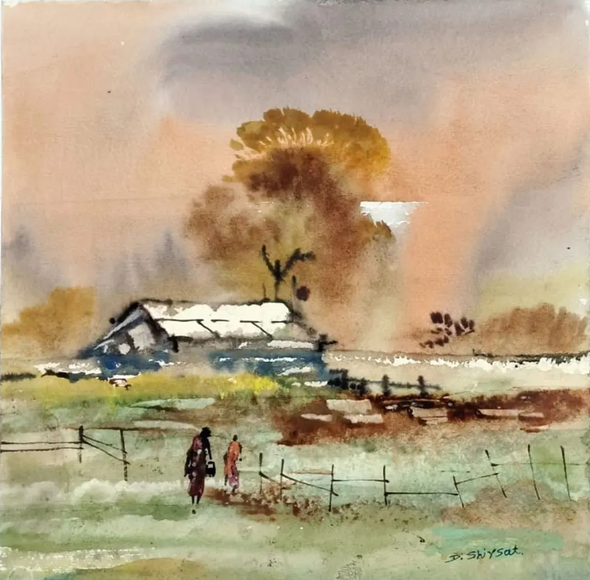 Morning Village (ART-8904-119598) - Handpainted Art Painting - 11in X 11in