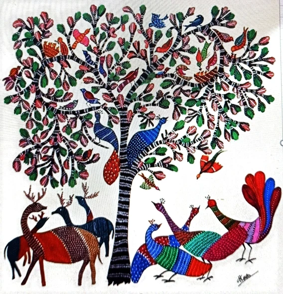 GOND ARTS MADE ON HANDMADE PAPAERS WITH ACRYLIC PAITS (ART-2050-119582) - Handpainted Art Painting - 17in X 17in