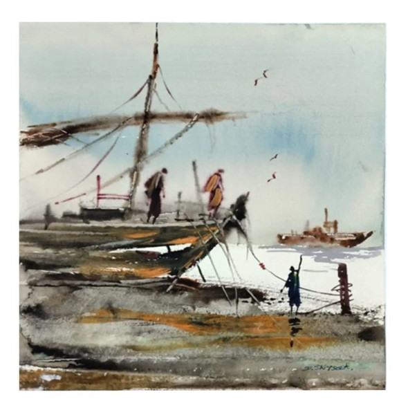 Sip Pay Fisher Man (ART-8904-119543) - Handpainted Art Painting - 11in X 11in