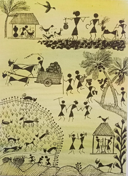 ANCIENT WARLI ARTS ON CANVAS BOARD (ART-2050-119587) - Handpainted Art Painting - 10in X 12in