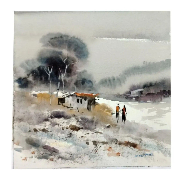 Village Morning Walk (ART-8904-119546) - Handpainted Art Painting - 11in X 11in