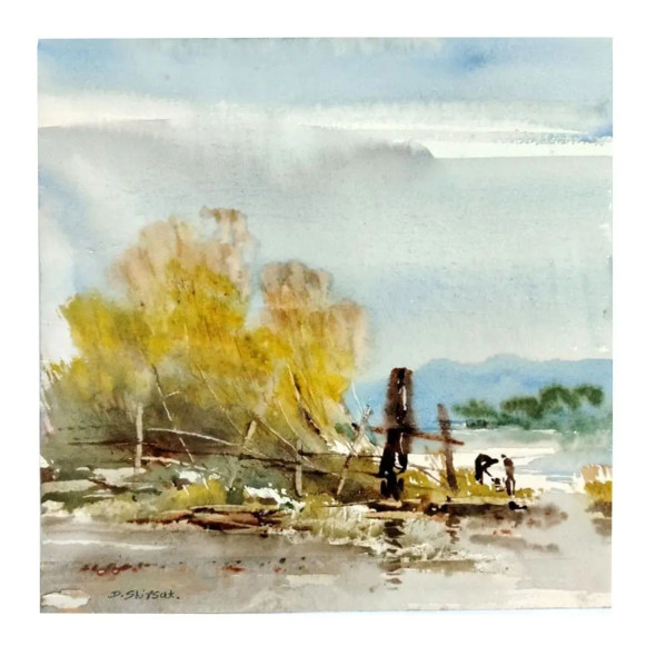 Man Working In The River (ART-8904-119545) - Handpainted Art Painting - 11in X 11in