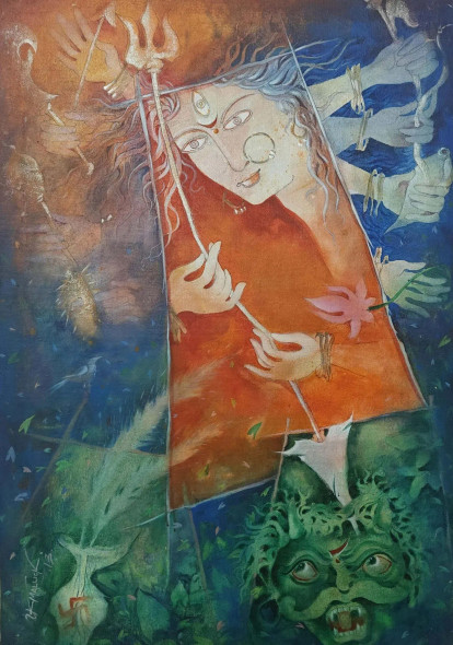 Geometric Durga: Asur Vadh (ART-18154-119625) - Handpainted Art Painting - 22in X 32in