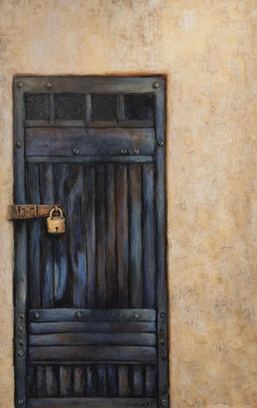 Beyond The Closed Door (ART-7612-119539) - Handpainted Art Painting - 28in X 35in