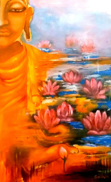 Lotus Of Inner Stillness (ART-7612-119538) - Handpainted Art Painting - 28in X 35in