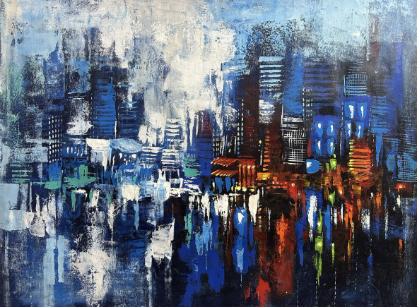 Abstract Cityscape Painting | Original Handmade Night Skyline Wall Art (ART-16885-119781) - Handpainted Art Painting - 48in X 36in