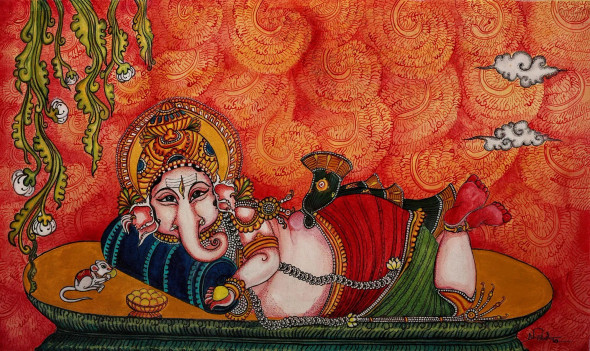 Ganesha (ART-17306-119800) - Handpainted Art Painting - 36in X 22in
