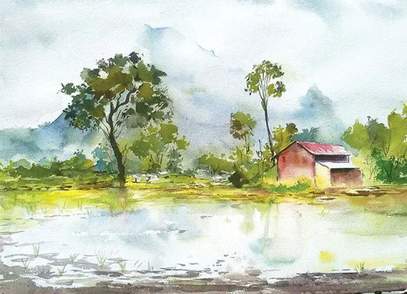 Rural India Landscape 1 (ART-18155-119793) - Handpainted Art Painting - 24in X 18in