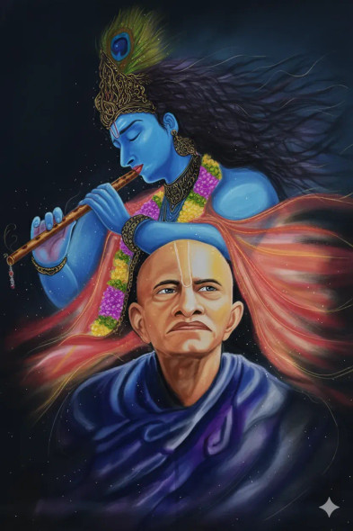 Divine Melody Of Lord Krishna And Saint . (PRT-16436-119804) - Canvas Art Print - 8in X 12in