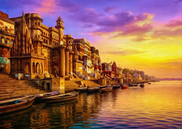 Saffron Skies Over Ganga (PRT-15697-119925) - Canvas Art Print - 60in X 43in