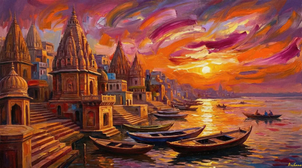 Sacred Rhythms On Ganga (PRT-15697-119930) - Canvas Art Print - 60in X 33in