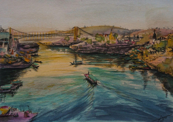 Contrasts Of The Narmada (ART-16685-119907) - Handpainted Art Painting - 16in X 12in