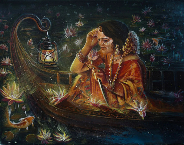 Whispers On The Lotus Lake (ART-16685-119775) - Handpainted Art Painting - 30in X 24in