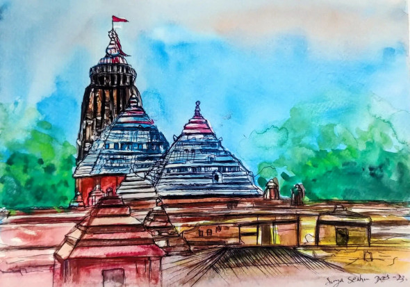 Jagannath Temple (ART-3389-119862) - Handpainted Art Painting - 12in X 8in