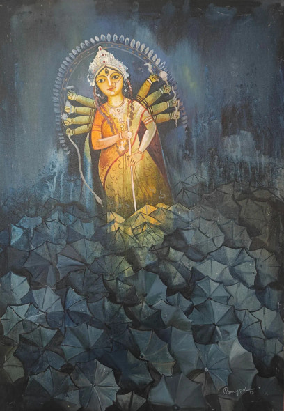 Visarjan: The Farewell Rain - Original Oil On Canvas By Pankaj Pal (2013) (ART-18154-119758) - Handpainted Art Painting - 22in X 32in