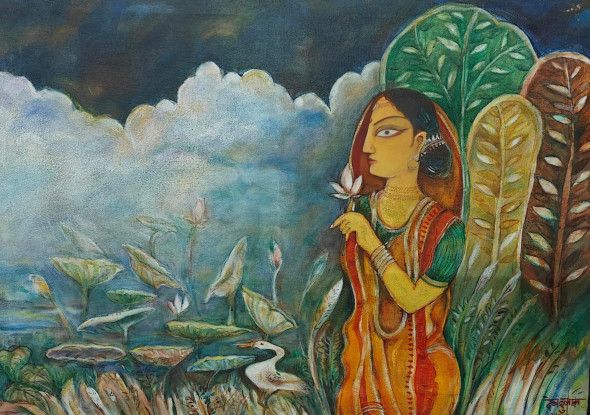 Lady With Lotus (Shakuntala Series) (ART-18154-119756) - Handpainted Art Painting - 36in X 22in