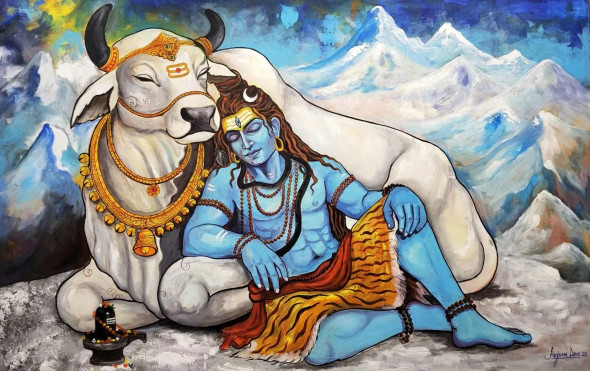 Shiva's Meditation With Divine Nandi (ART-82-119961) - Handpainted Art Painting - 72in X 48in