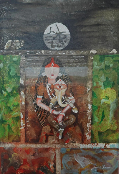 Matri-Ankh : Parvati And Ganesh (ART-18154-119757) - Handpainted Art Painting - 22in X 32in