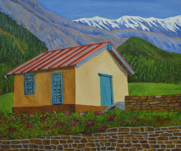 Hut On The Hills (ART-2948-119980) - Handpainted Art Painting - 24in X 20in