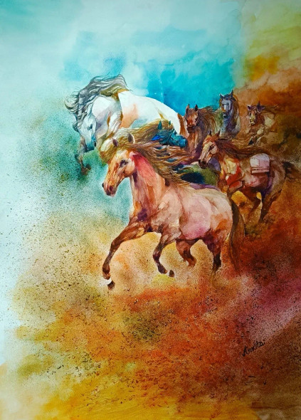 Lucky 7  Horses (ART-8538-119787) - Handpainted Art Painting - 22in X 30in