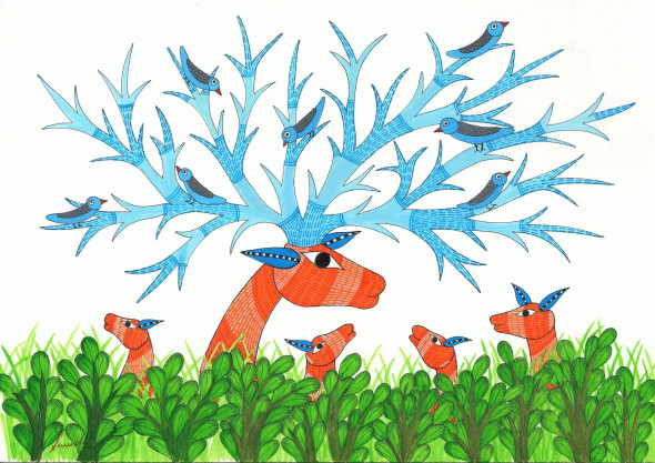 Camouflaged Deer (ART-283-119966) - Handpainted Art Painting - 16in X 11in