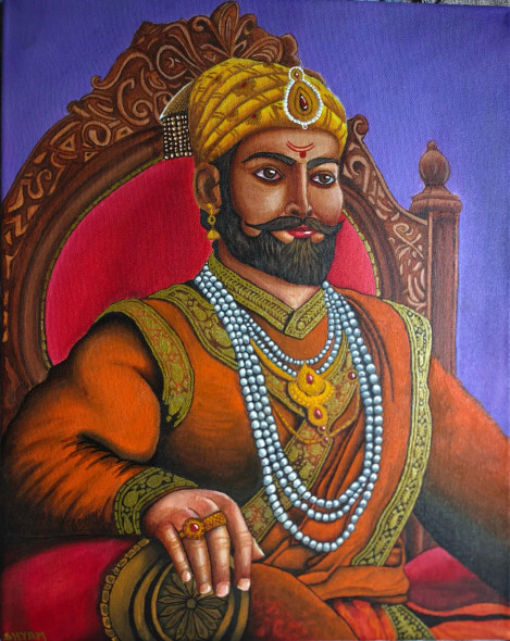 “Swarajya Adhipati – Chhatrapati Shivaji Maharaj” (ART-17635-119780) - Handpainted Art Painting - 16in X 22in