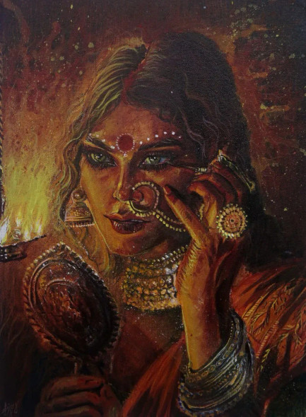 Tha Gaze That Remembers (ART-16685-119777) - Handpainted Art Painting - 12in X 16in